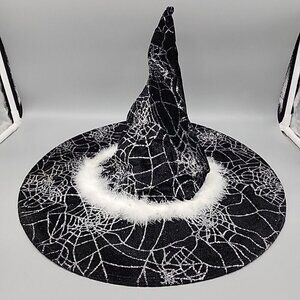 Halloween Witch Hat w Giant Spider Black Silver Glitter Spider Webs